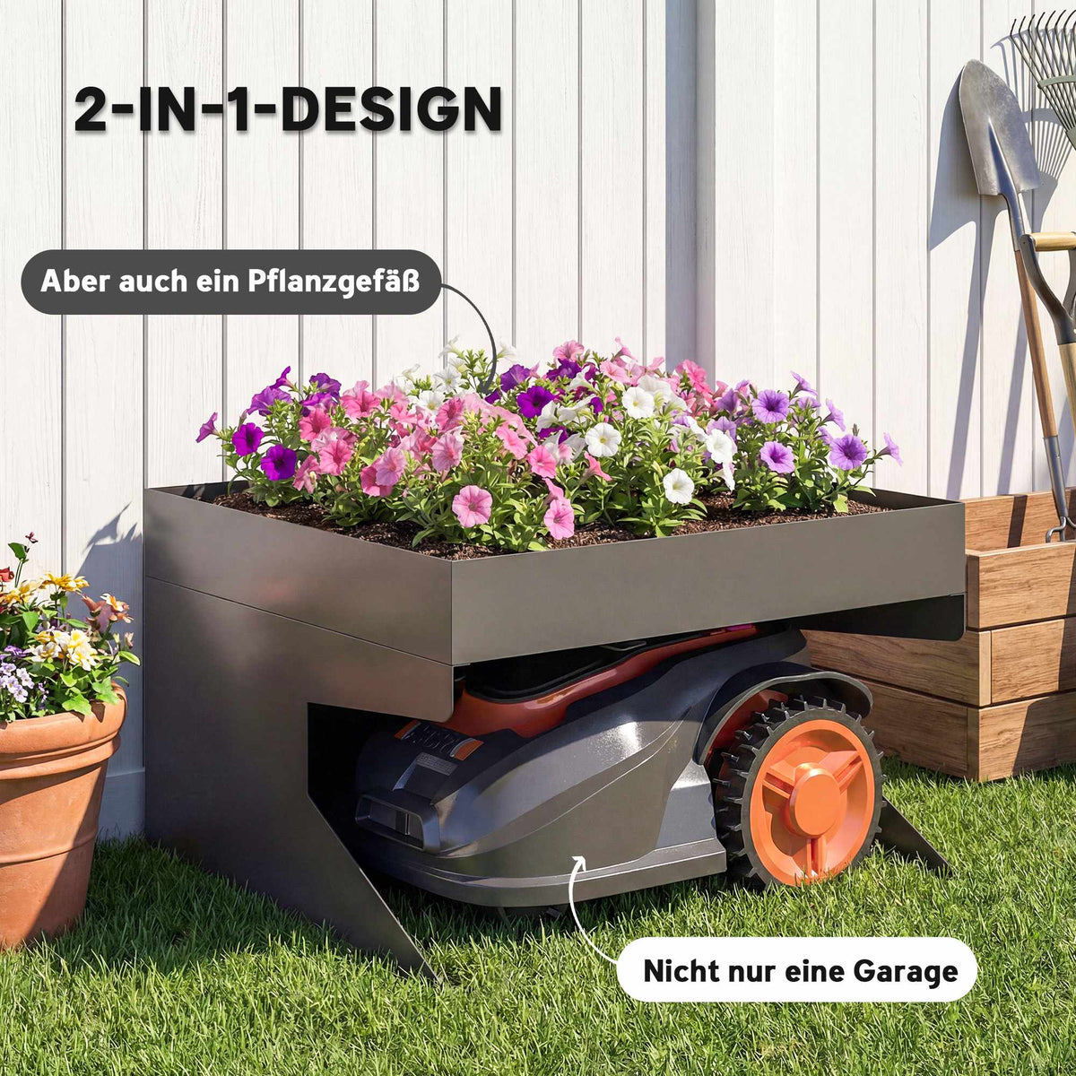 Robotic Lawn Mower Garage with Planter, Galvanized Steel