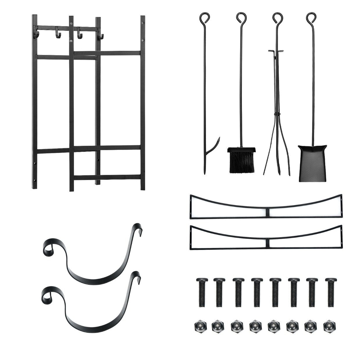 Robust firewood rack & tool set with kindling holders & shovel 91x33x76cm black