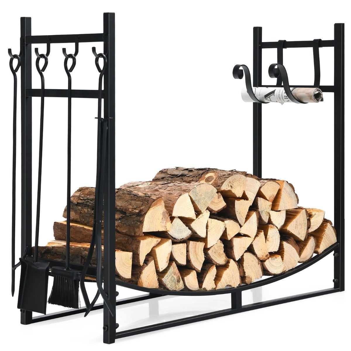 Robust firewood rack & tool set with kindling holders & shovel 91x33x76cm black