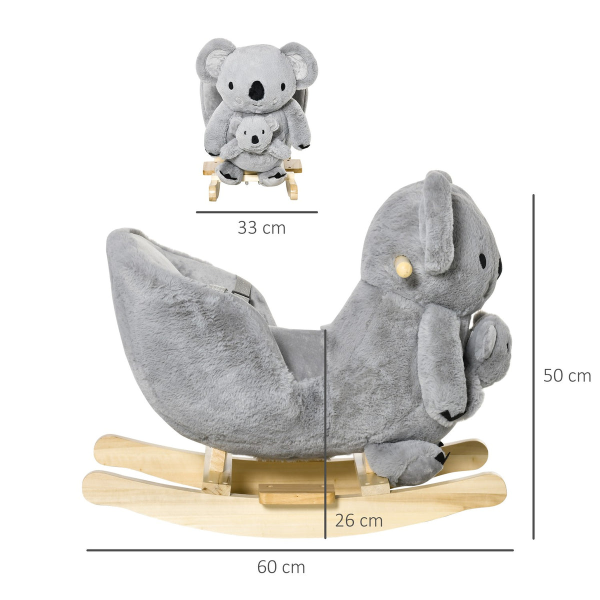 Rocking Animal Koala With Calling Toy For 18-36 Months, Koala Design In Gray, Plush And Wood, 60X33X50 Cm