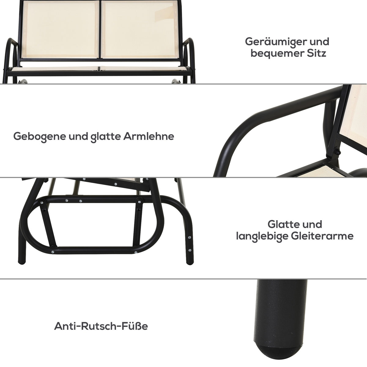 Rocking Chair 2-Seater Garden Bench Garden Swing Seat Park Bench Metal Garden Furniture Black + Beige 120 X 70 X 85 Cm