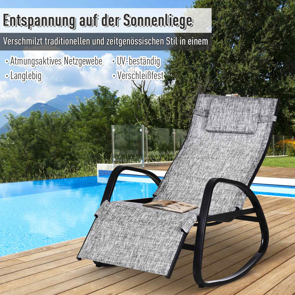 Rocking Chair Adjustable Backrest Footrest Rocking Lounger with Pillow Garden Lounger Textline Gray 64 x 69 x 108 cm for Patio & Balcony |