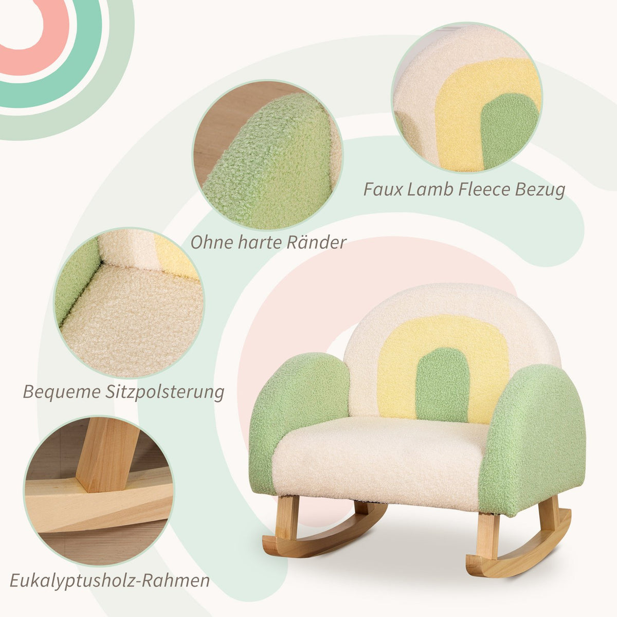 Rocking Chair Children'S Sofa, Cozy Children'S Armchair In Imitation Lambskin, Eucalyptus Wood, Green, From 3 Years, Perfect For Children'S Rooms