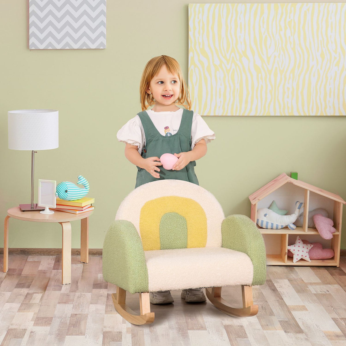 Rocking Chair Children'S Sofa, Cozy Children'S Armchair In Imitation Lambskin, Eucalyptus Wood, Green, From 3 Years, Perfect For Children'S Rooms