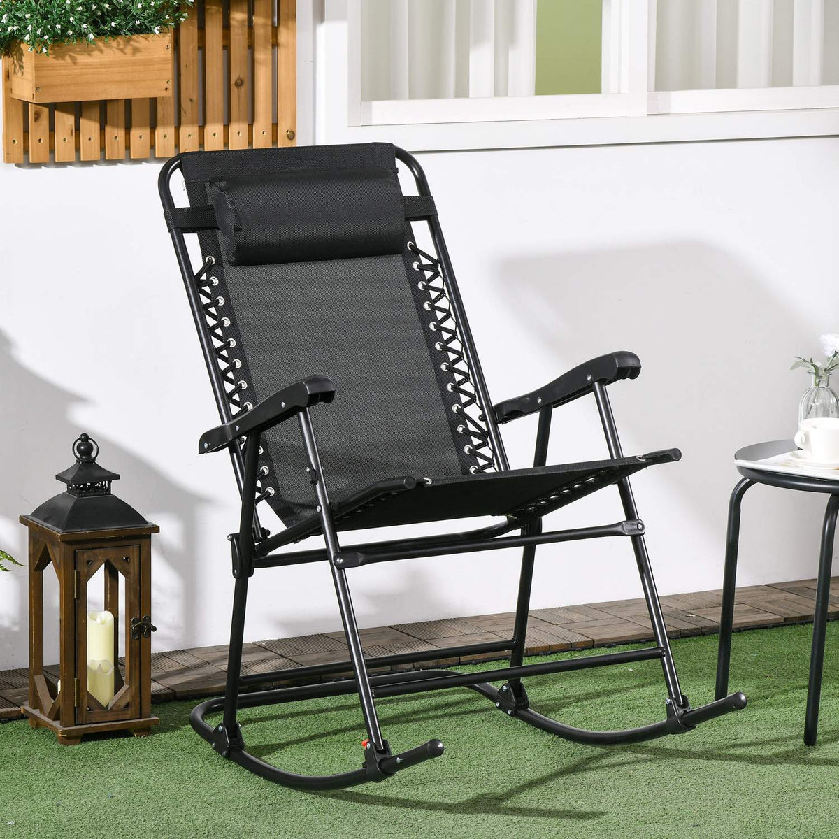 Rocking Chair Folding Garden Chair Swing Chair Pillow Up To 120Kg Garden Balcony Mesh Black 95X64X106Cm