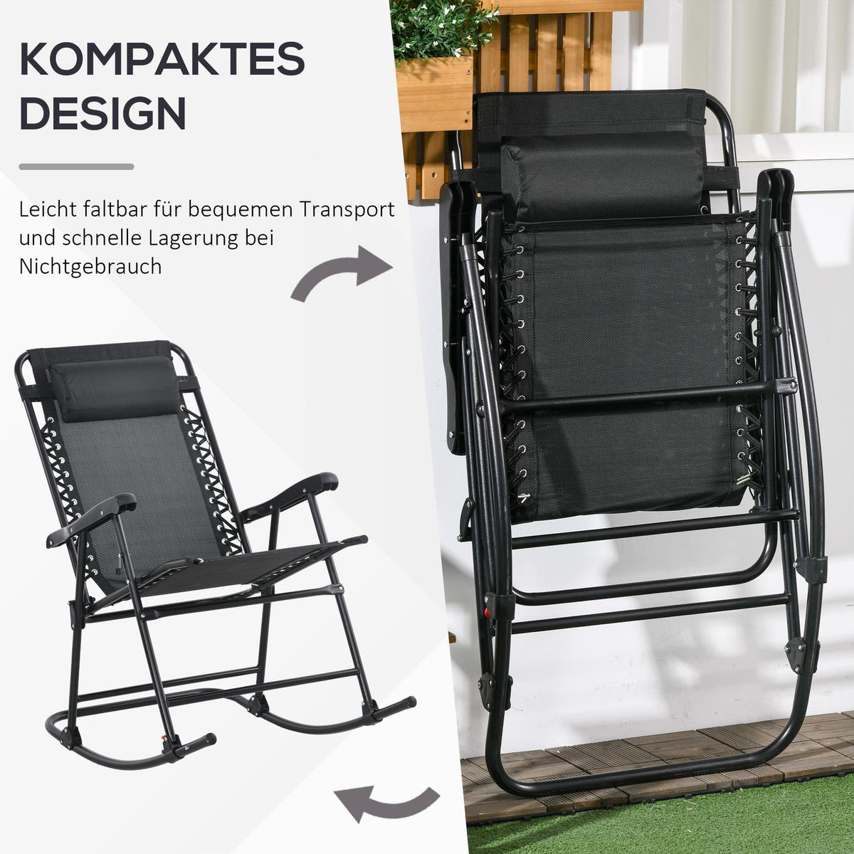 Rocking Chair Folding Garden Chair Swing Chair Pillow Up To 120Kg Garden Balcony Mesh Black 95X64X106Cm