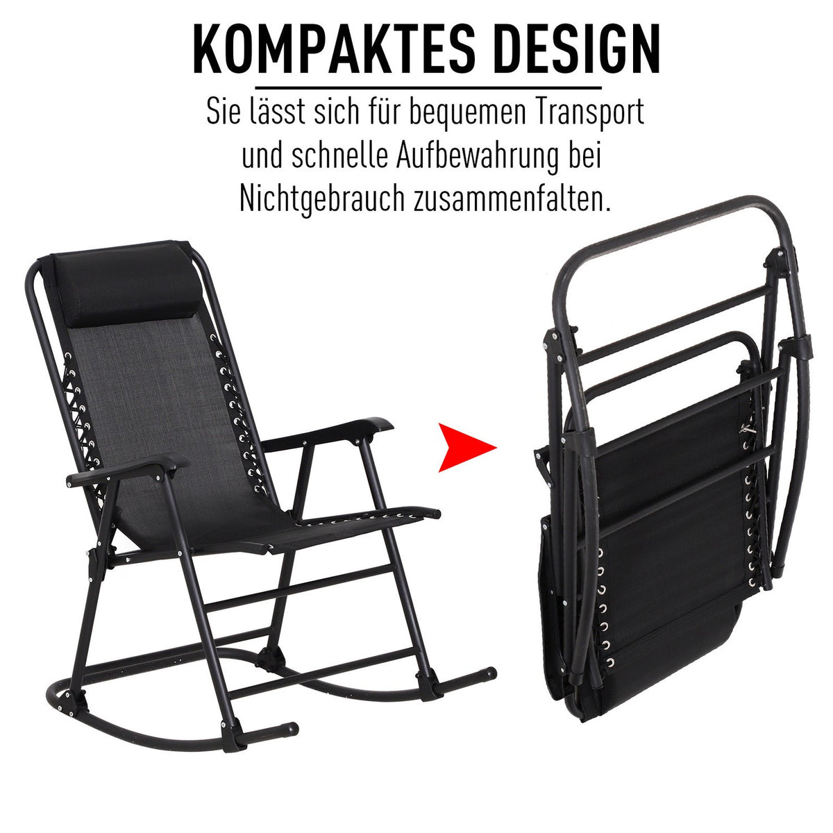 Rocking Chair, Folding Rocking Lounger, Garden Lounger, Swing Lounger, Rocking Chair With Pillow, Steel + Textline, Black Up To 120 Kg