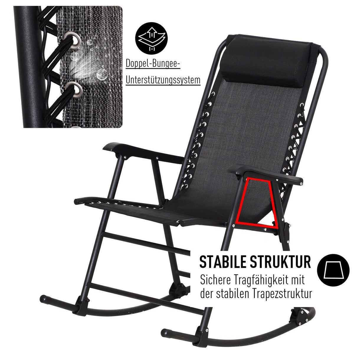 Rocking Chair, Folding Rocking Lounger, Garden Lounger, Swing Lounger, Rocking Chair With Pillow, Steel + Textline, Black Up To 120 Kg