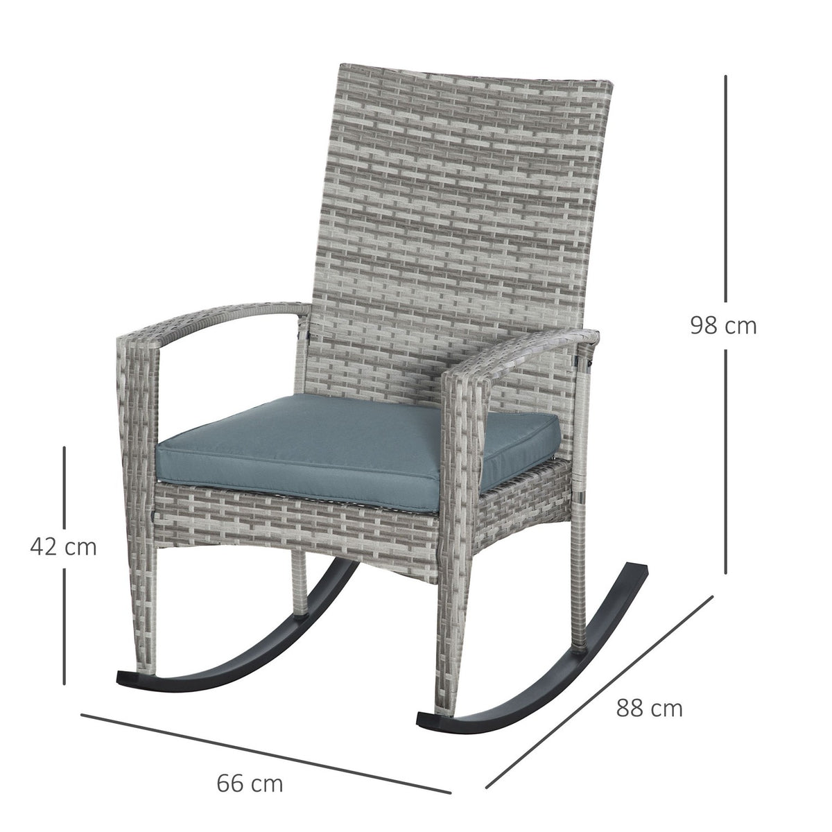 Rocking Chair Garden Chair With Cushions, Polyrattan + Metal, Gray, 66 X 88 X 98 Cm