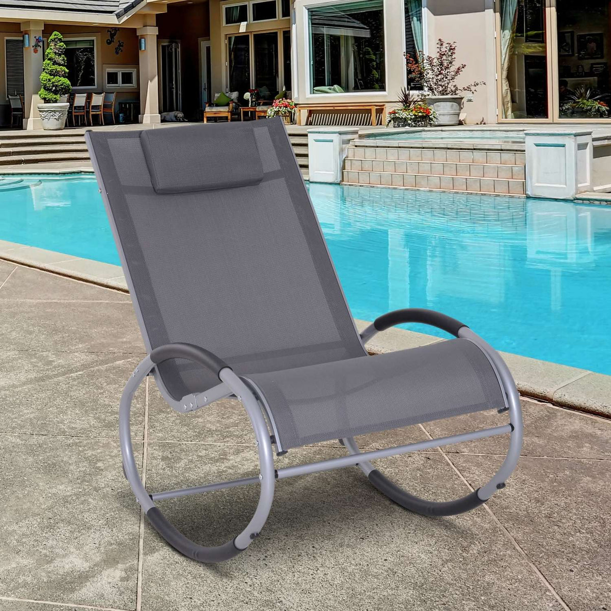 Rocking Chair, Garden Lounger, Swing Lounger With Pillow, Weatherproof, Aluminum + Text Line, Black, Up To 120 Kg, 120 X 61 X 88 Cm