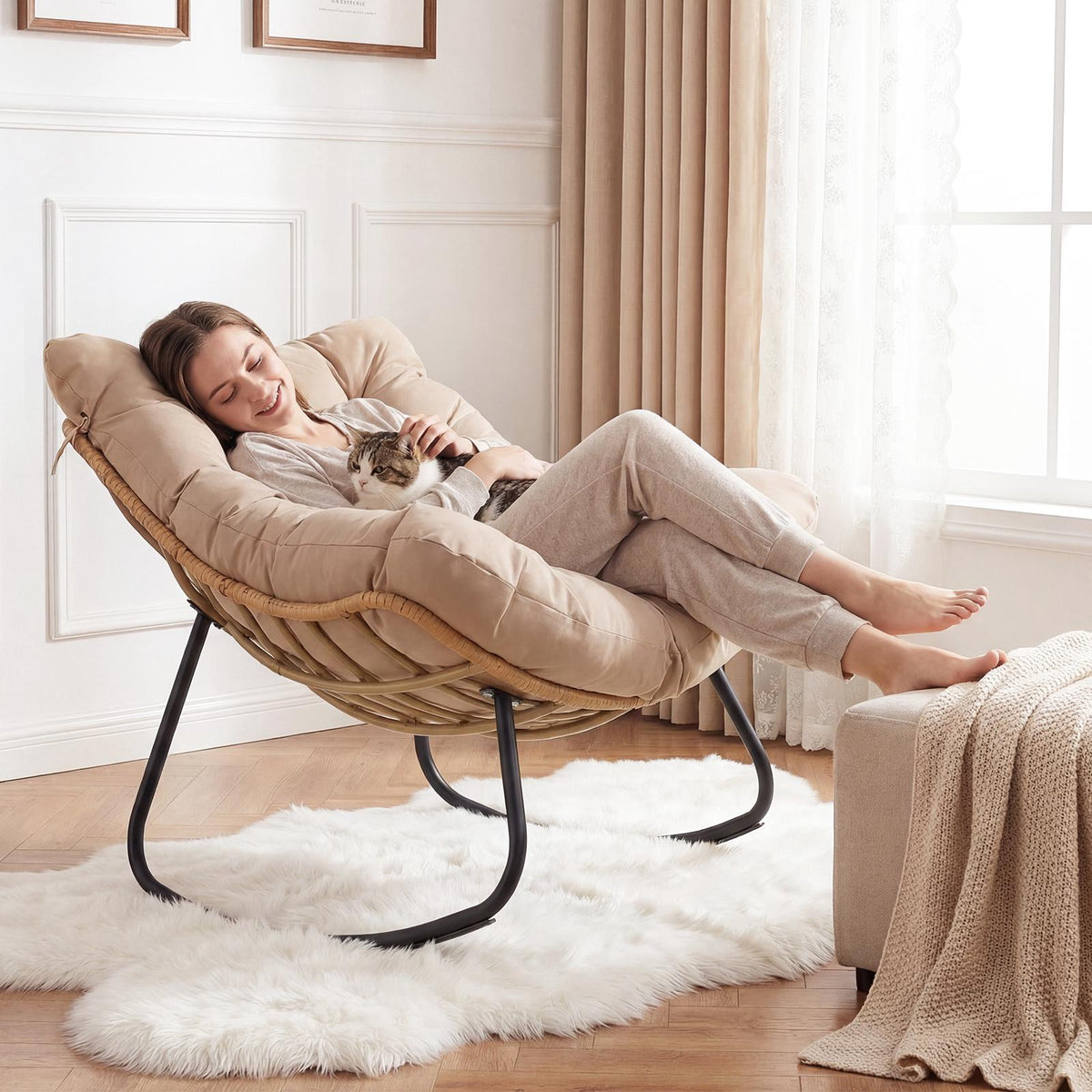 Rocking Chair, PE Rattan, Metal Frame, Thick Cushion, 140 kg