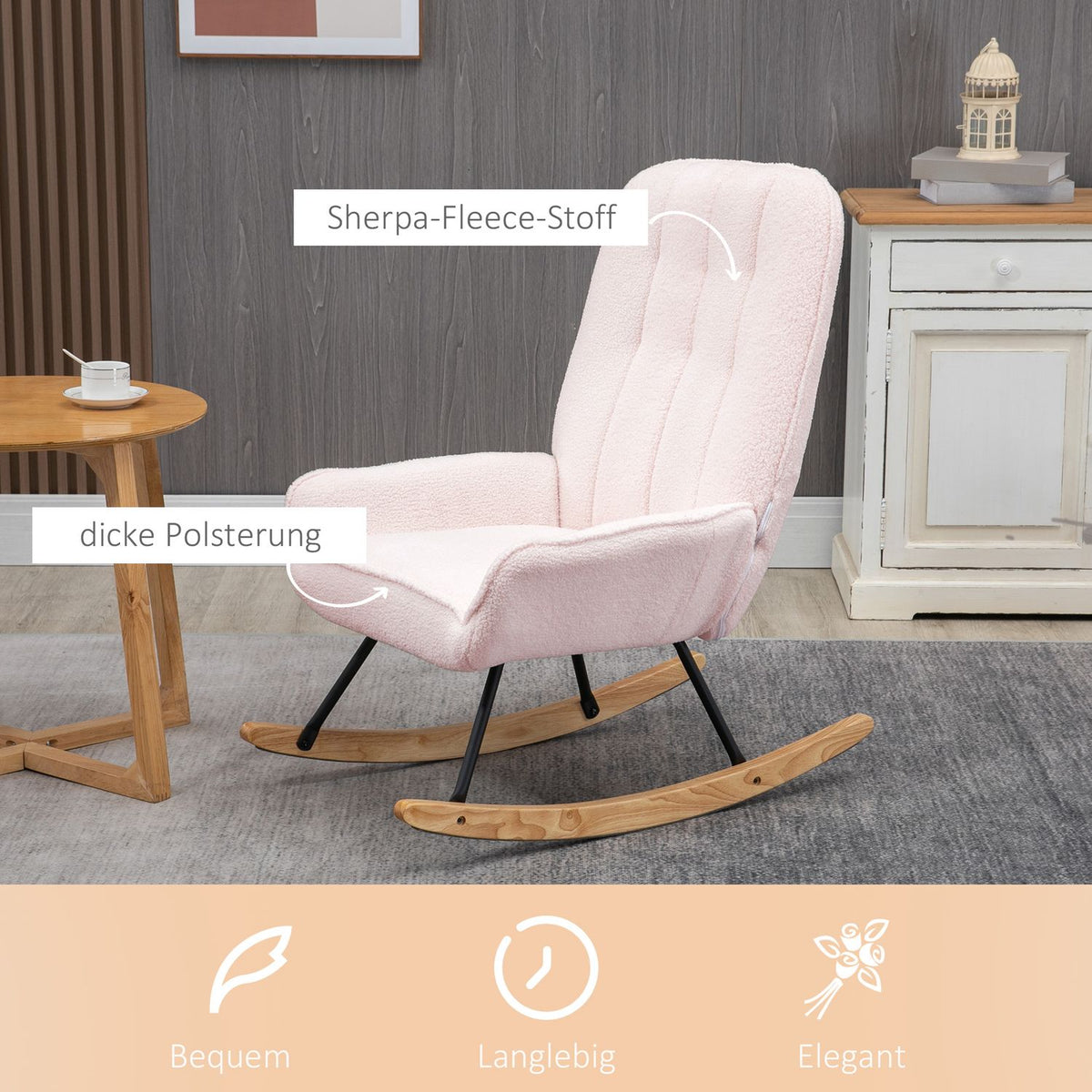 Rocking Chair Padded Relax Chair With Sherpa Fleece, Pink, Up To 150 Kg, Cozy Swing Chair, 63X95X97Cm