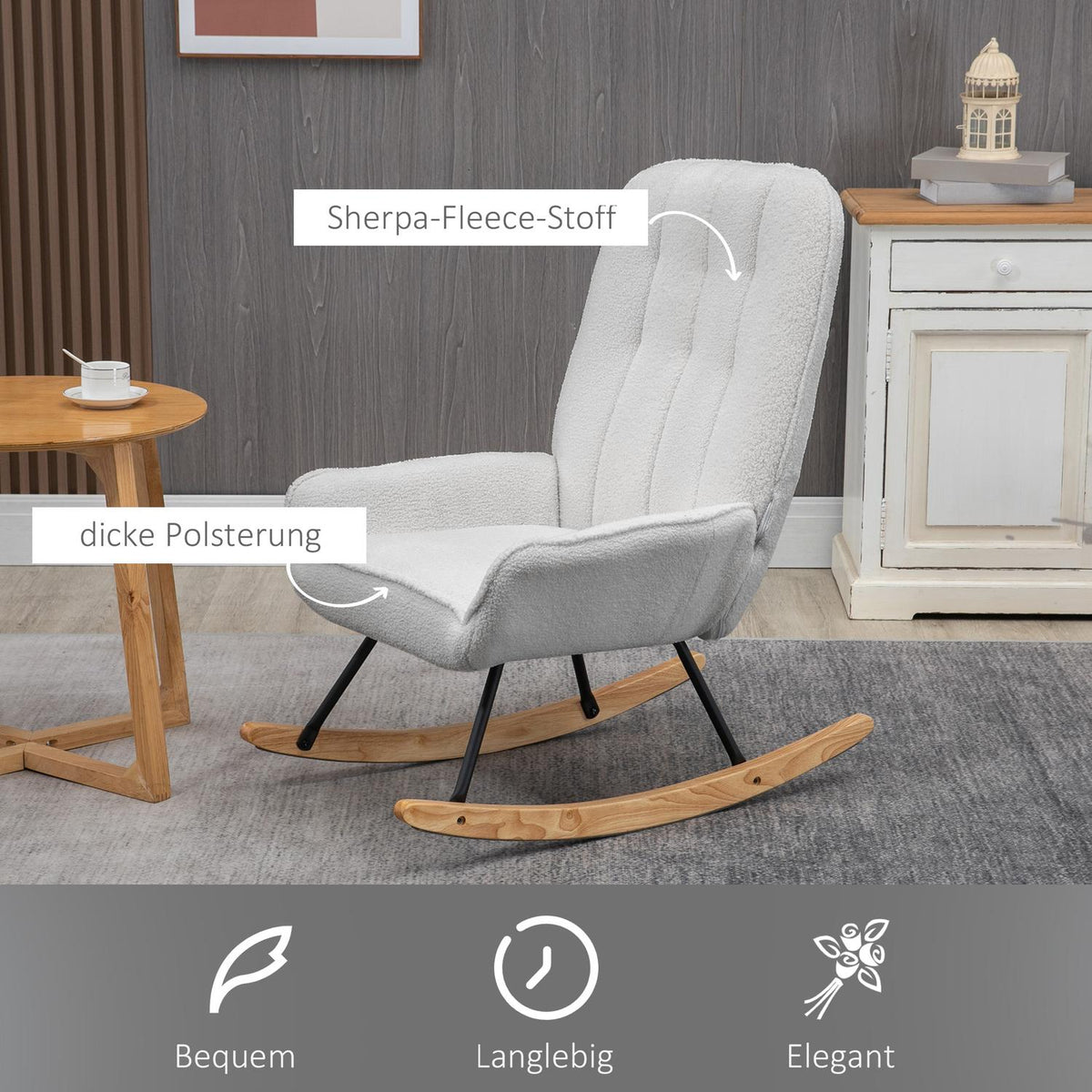 Rocking Chair, Padded Rocking Chair, Relaxation Chair, Load-Bearing Capacity Up To 150 Kg, Relaxation Chair, Sherpa Fleece, Grey