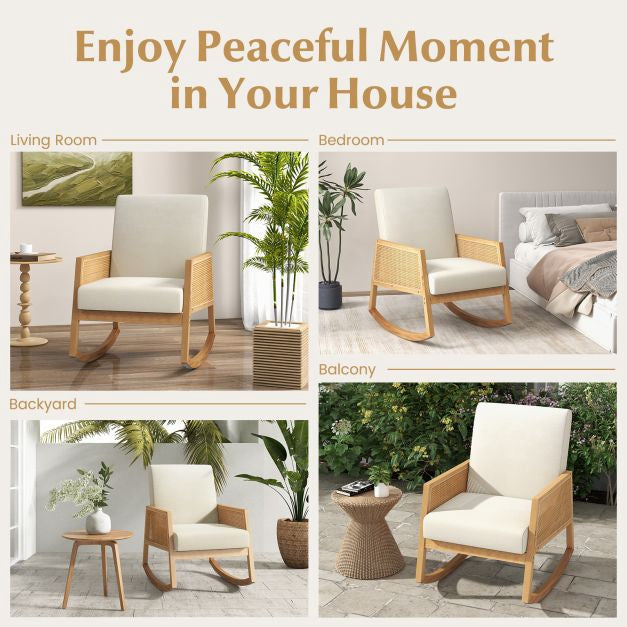 Rocking Chair, Rattan Armrests, Upholstered Cushion Beige