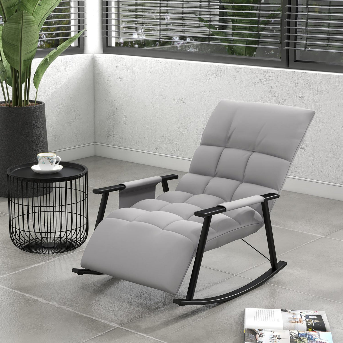 Rocking Chair Relax Chair Footrest Rocking Chair Side Pocket Adjustable Backrest Up To 120Kg Microfiber Gray