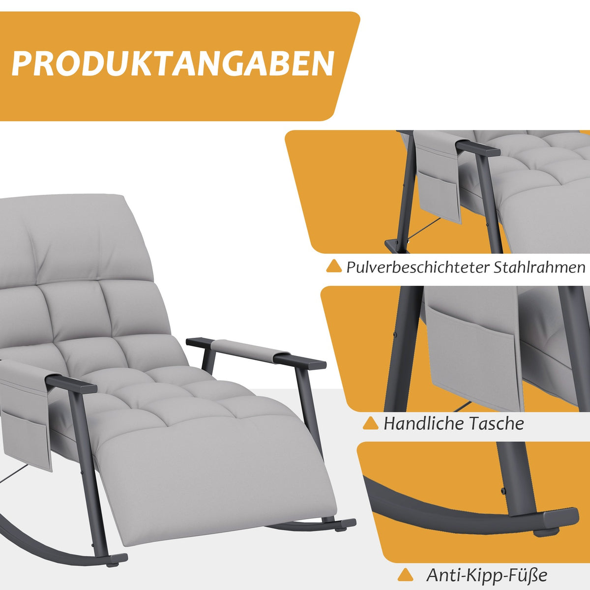 Rocking Chair Relax Chair Footrest Rocking Chair Side Pocket Adjustable Backrest Up To 120Kg Microfiber Gray