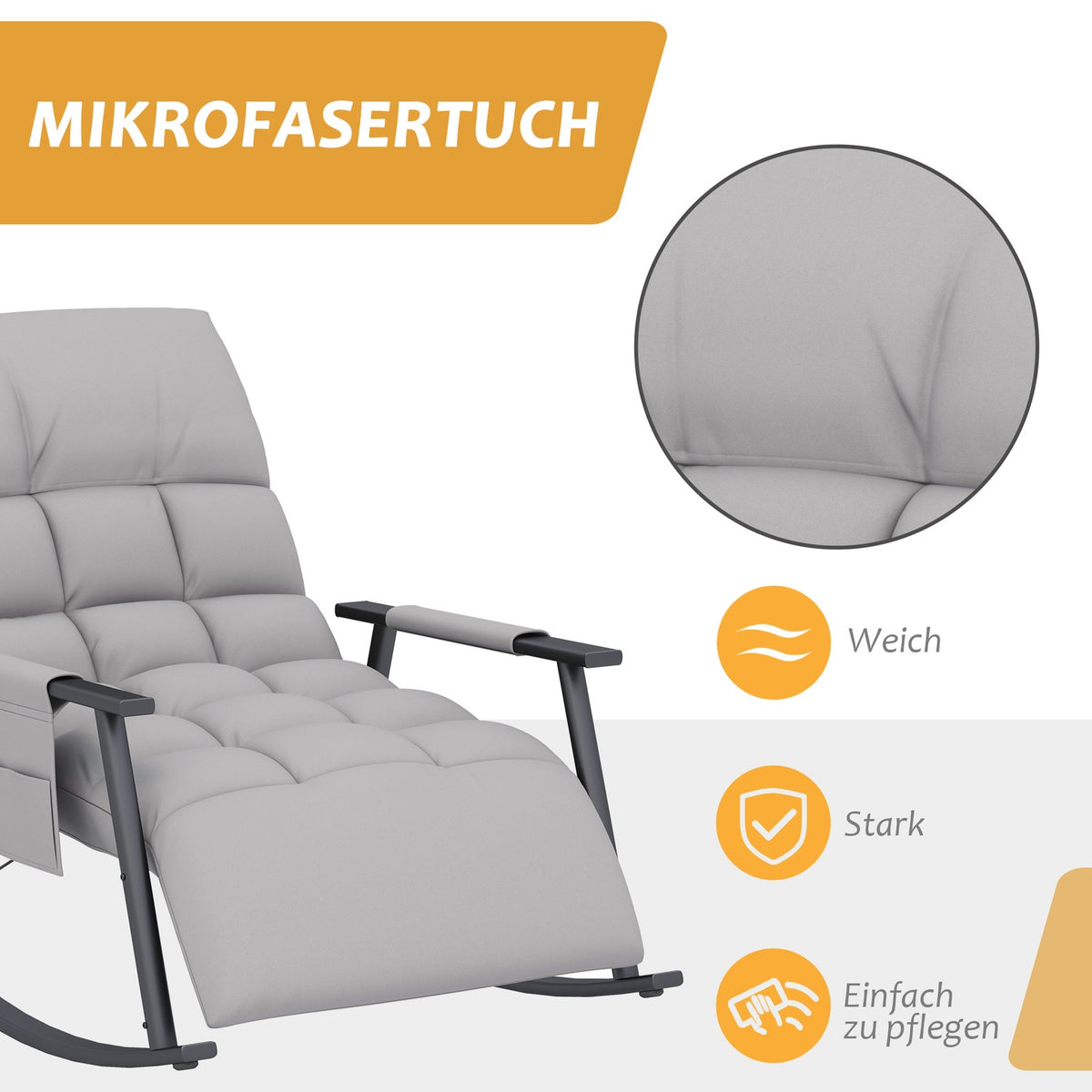 Rocking Chair Relax Chair Footrest Rocking Chair Side Pocket Adjustable Backrest Up To 120Kg Microfiber Gray