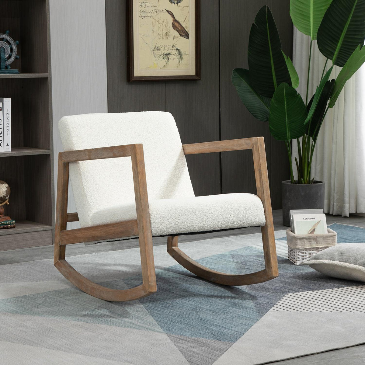 Rocking Chair Relax Chair With Wooden Frame Padded Lounge Rubber Wood Cream White