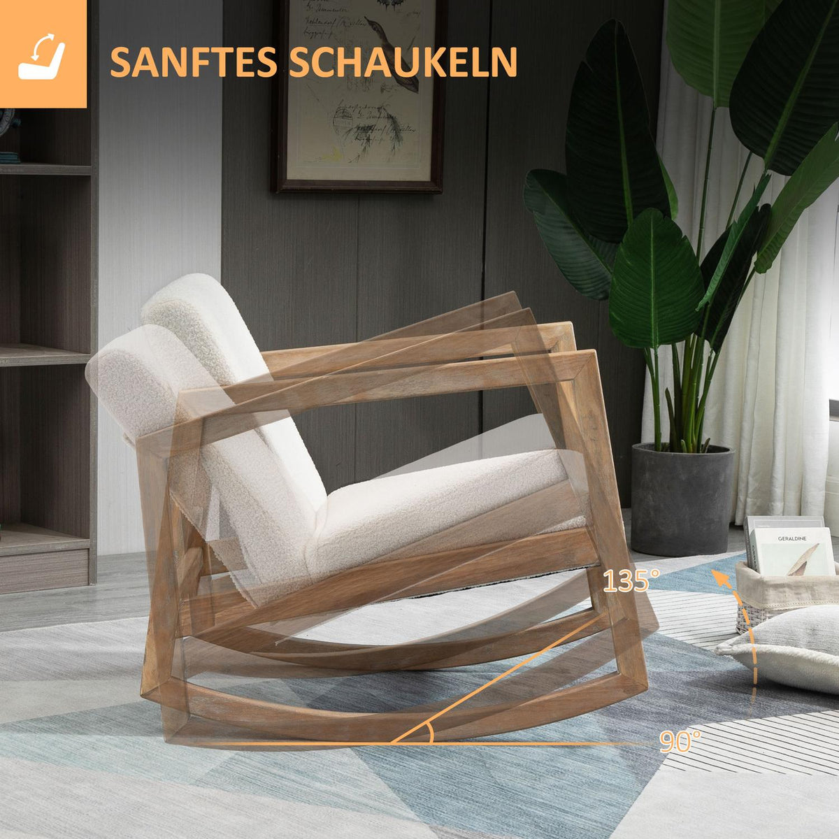 Rocking Chair Relax Chair With Wooden Frame Padded Lounge Rubber Wood Cream White