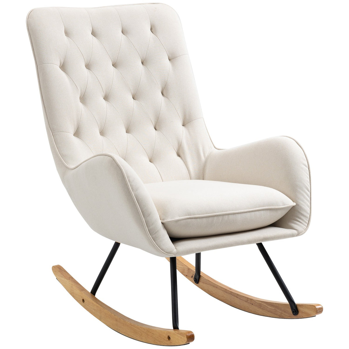 Rocking Chair, Relaxation Chair, Swing Chair With Wooden Legs, Rocking Chair, Linen Metal Cream White 69 X 90 X 100 Cm