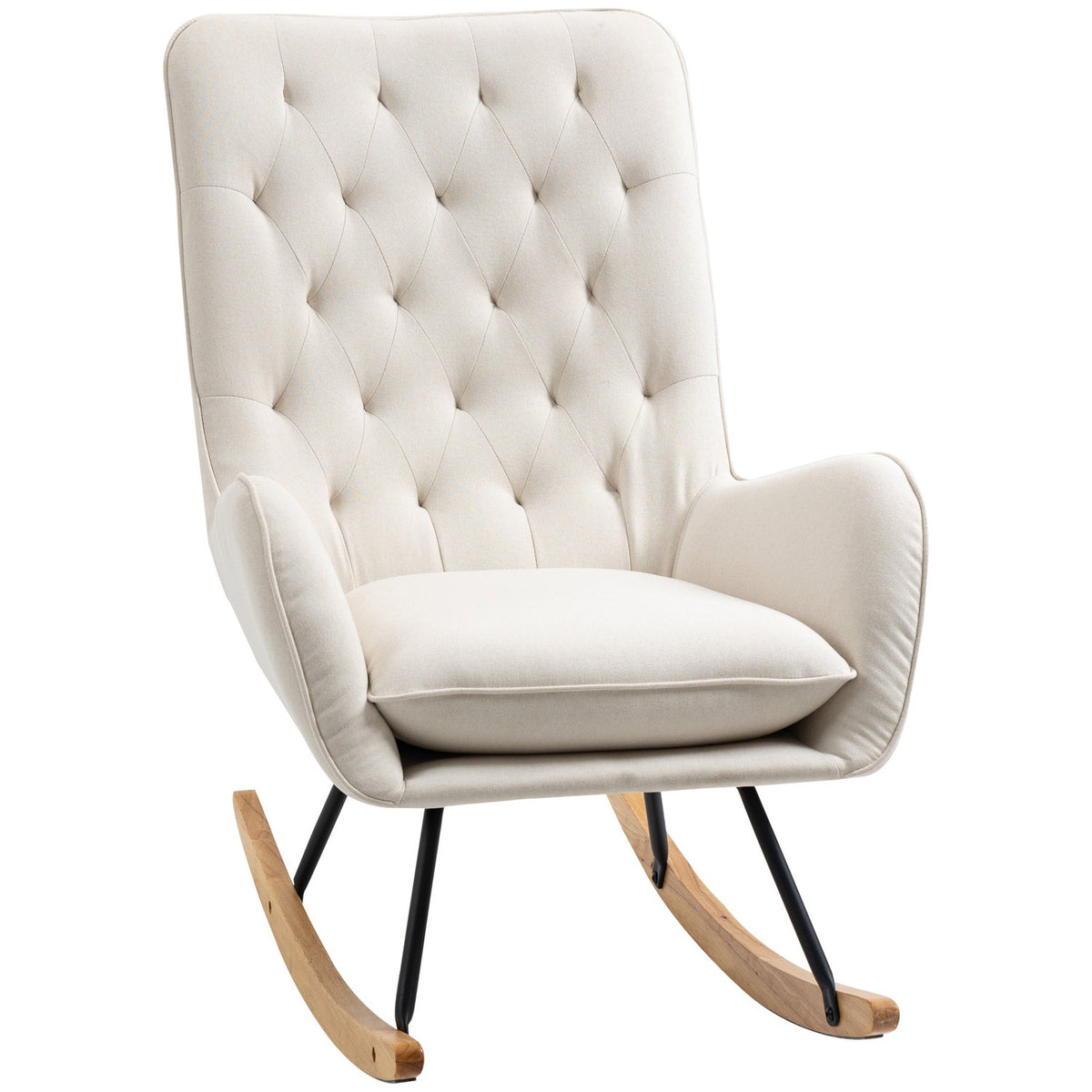 Rocking Chair, Relaxation Chair, Swing Chair With Wooden Legs, Rocking Chair, Linen Metal Cream White 69 X 90 X 100 Cm