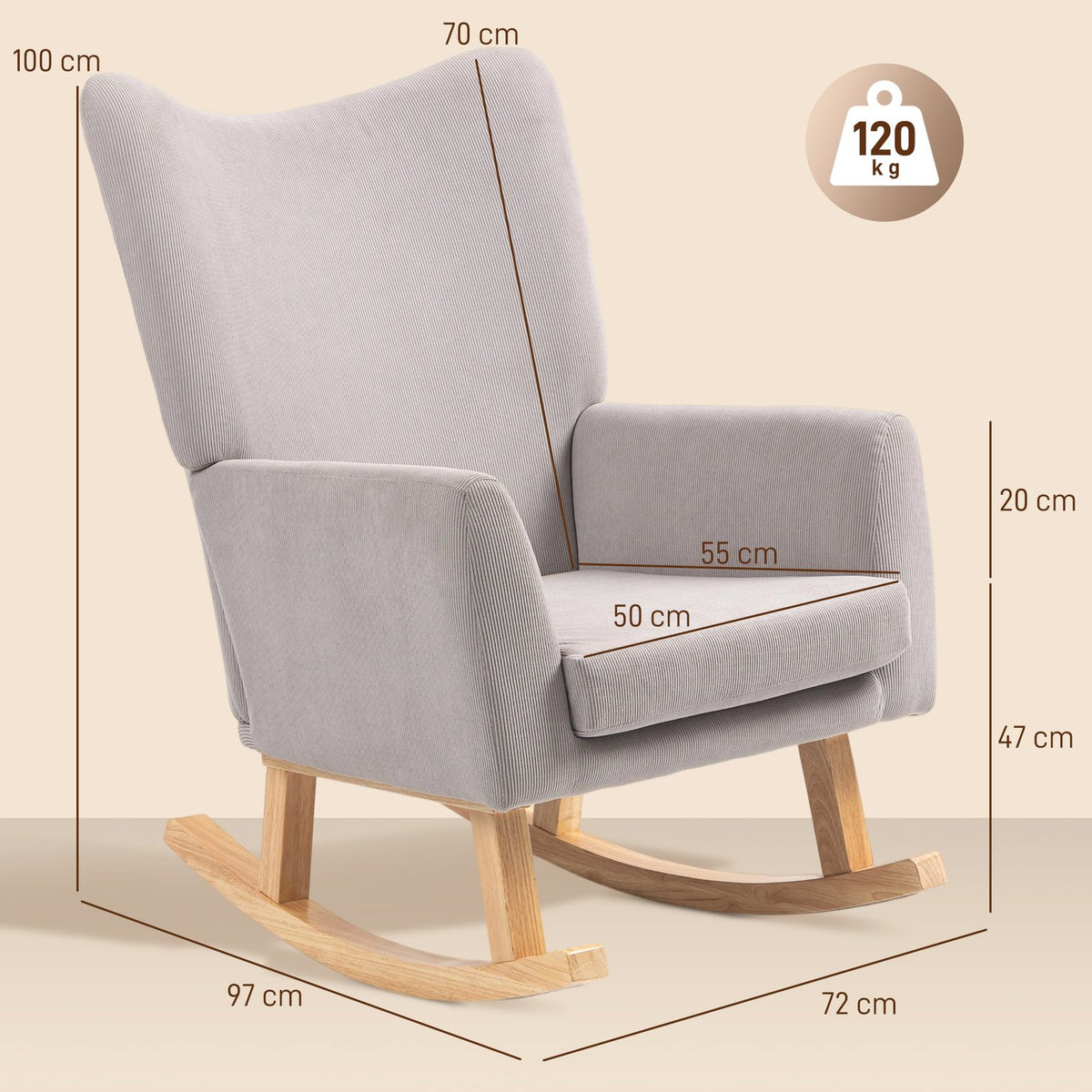 Rocking Chair, Retro Design, Corduroy, Rubberwood, Light Grey