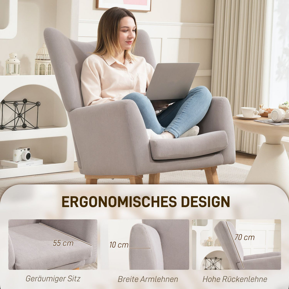 Rocking Chair, Retro Design, Corduroy, Rubberwood, Light Grey