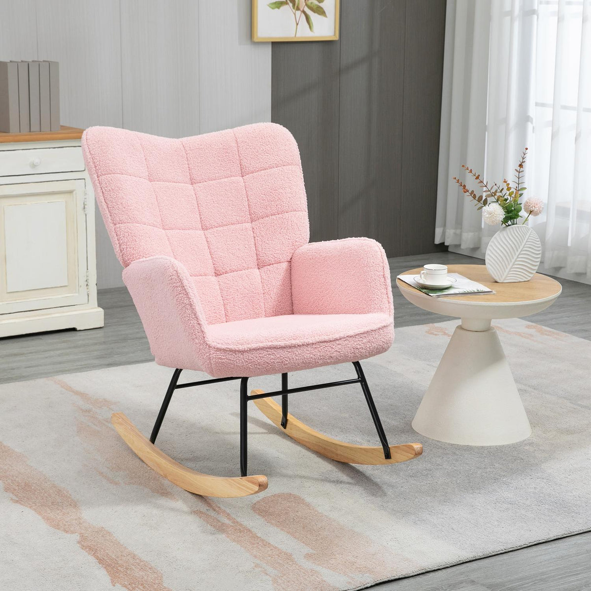 Rocking Chair, Rocking Chair, Accent Chair, Relaxation Chair, Living Room Chair For Bedroom, Up To 120 Kg, Imitation Lambskin, Pink