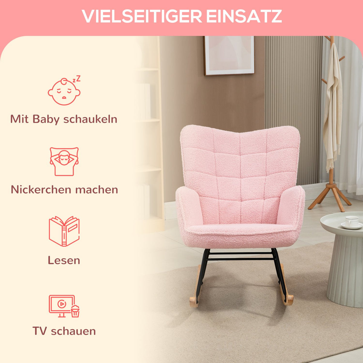 Rocking Chair, Rocking Chair, Accent Chair, Relaxation Chair, Living Room Chair For Bedroom, Up To 120 Kg, Imitation Lambskin, Pink