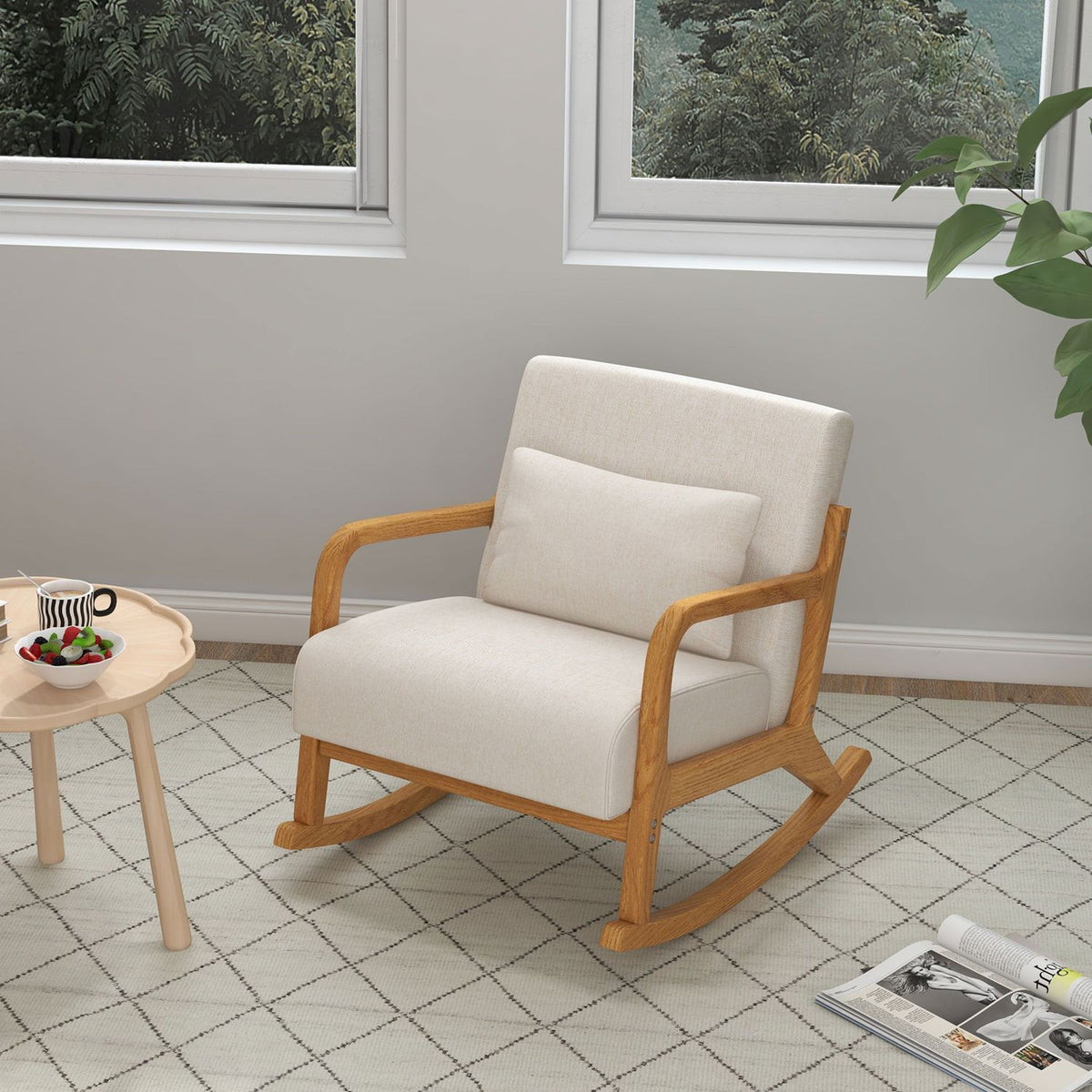 Rocking Chair, Rocking Chair, Padded Swing Chair with Wooden Frame, Armrest, Relax Chair, for Bedroom, Living Room, Cream