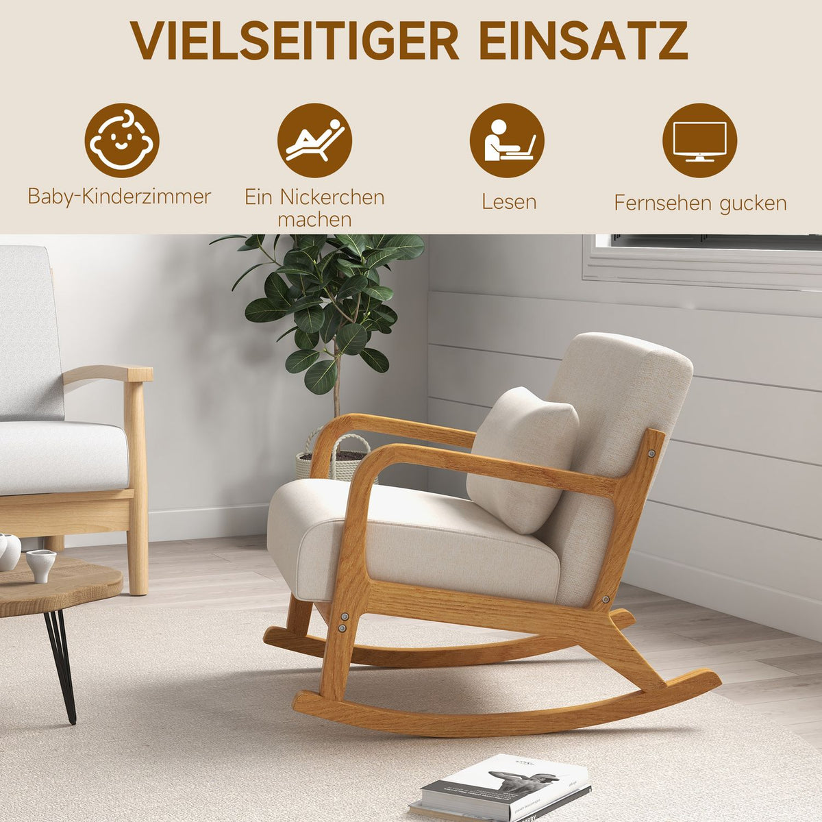 Rocking Chair, Rocking Chair, Padded Swing Chair with Wooden Frame, Armrest, Relax Chair, for Bedroom, Living Room, Cream