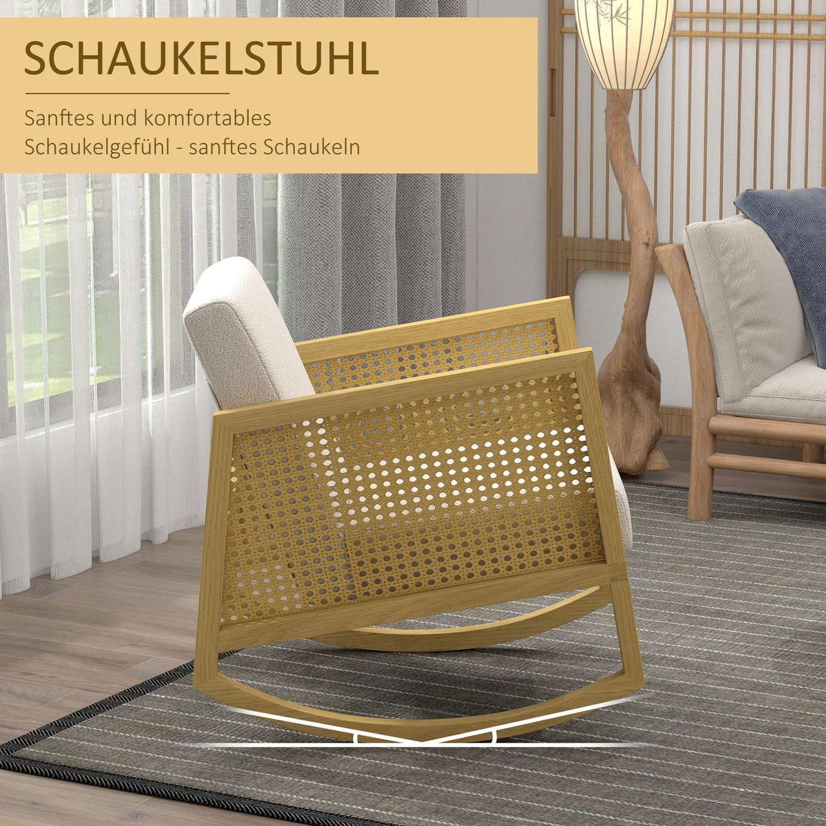Rocking Chair, Rocking Chair With Rattan Decor, Swing Chair, Relaxation Chair With Soft Padding, Living Room Chair With Cashmere Look