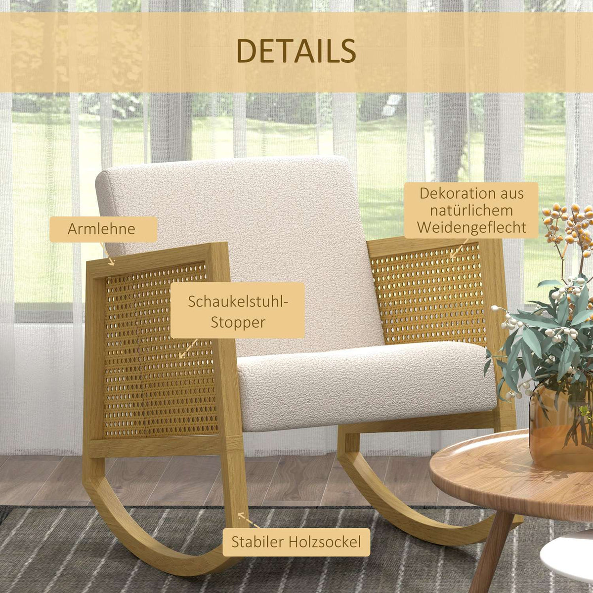 Rocking Chair, Rocking Chair With Rattan Decor, Swing Chair, Relaxation Chair With Soft Padding, Living Room Chair With Cashmere Look