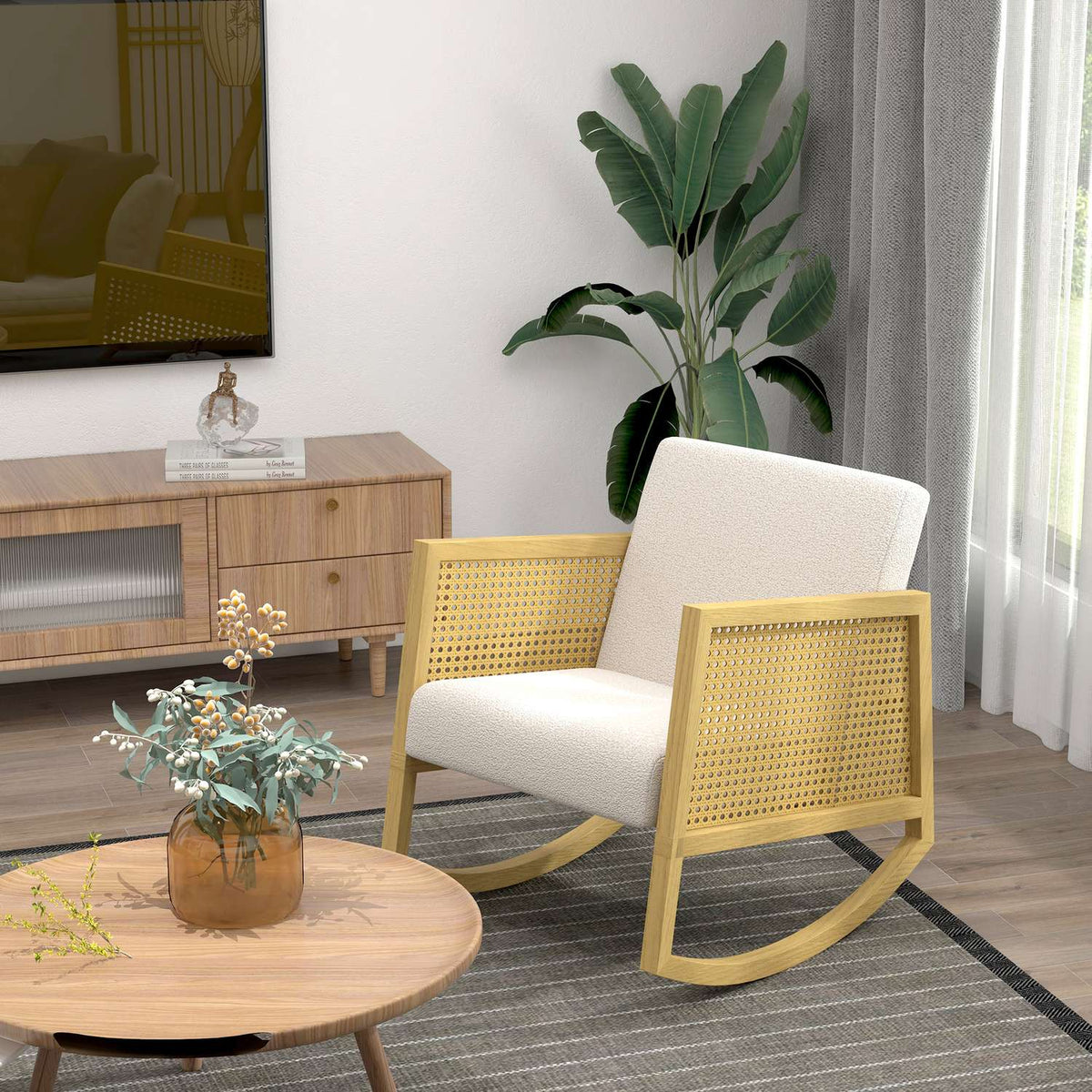 Rocking Chair, Rocking Chair With Rattan Decor, Swing Chair, Relaxation Chair With Soft Padding, Living Room Chair With Cashmere Look