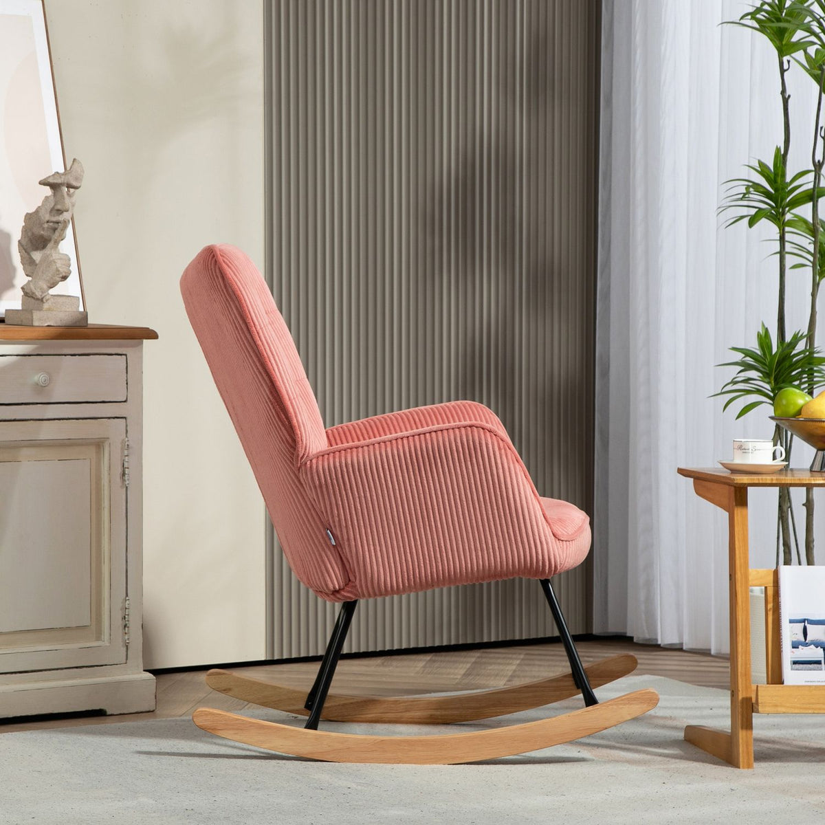 Rocking Chair, Rocking Chair with Cord Look, Armrest, Armchair with Wooden Runners, Relaxation Chair for Living Room, Bedroom, Pink
