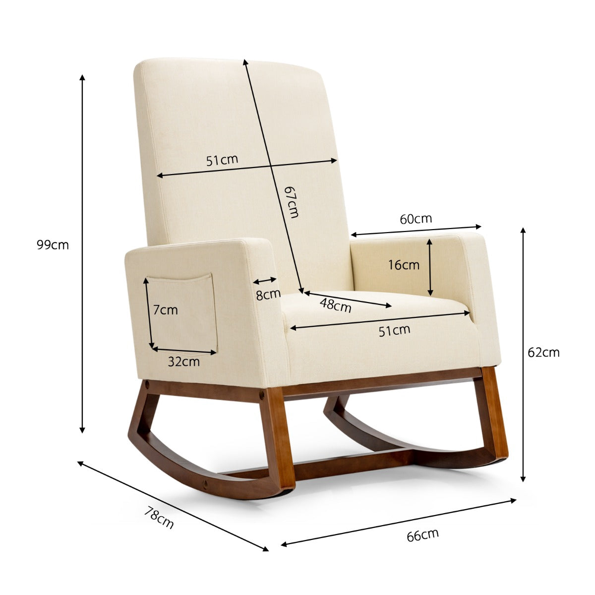 Rocking Chair, Rubber Wood Base, Side Pocket, Beige