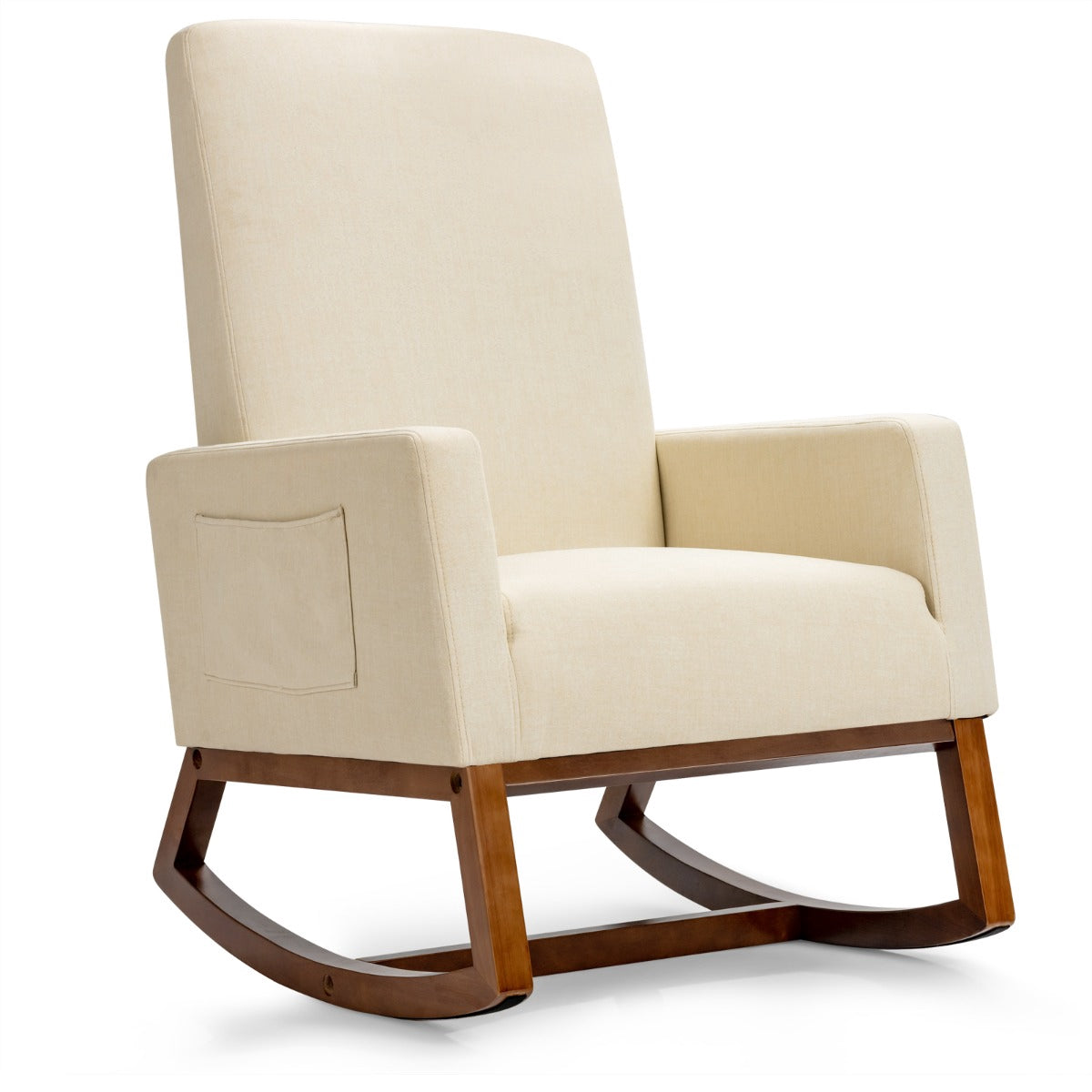 Rocking Chair, Rubber Wood Base, Side Pocket, Beige