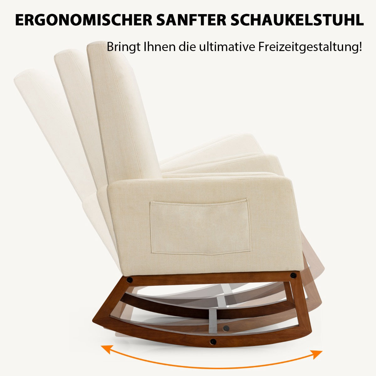 Rocking Chair, Rubber Wood Base, Side Pocket, Beige
