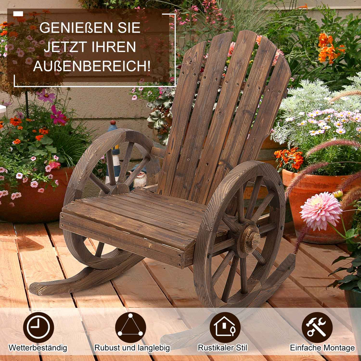 Rocking Chair, Rustic Relax Chair, Garden Chair With Wheel Design, Swing Chair, Solid Wood, Dark Brown, 68 X 88 X 92 Cm