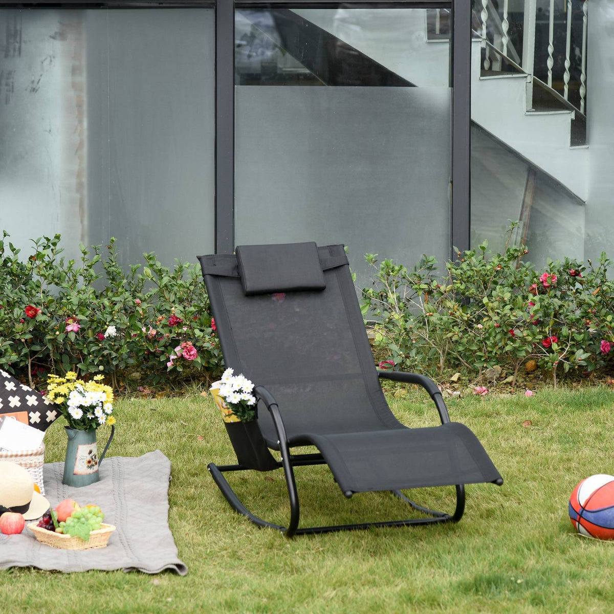 Rocking Chair Swing Chair Garden Chair Rocking Lounger Metal Mesh Black 150 X 62 X 88 Cm