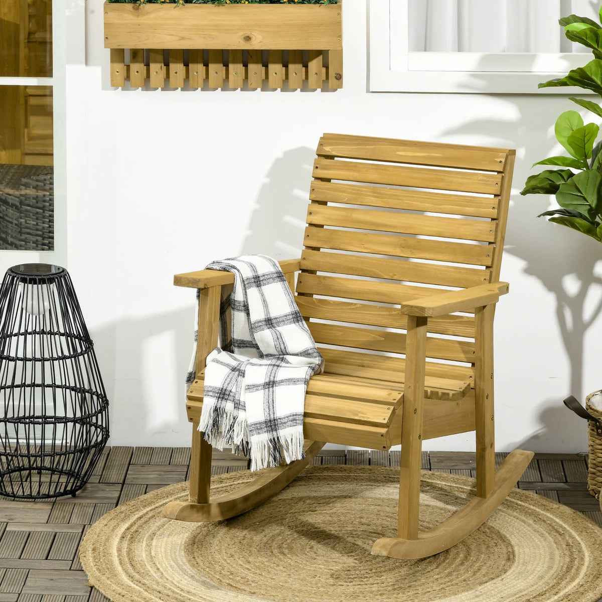 Rocking Chair With Armrest, Garden Chair, Relaxation Chair For Balcony, Terrace, Load Capacity Up To 130 Kg, Fir Wood, Light Brown