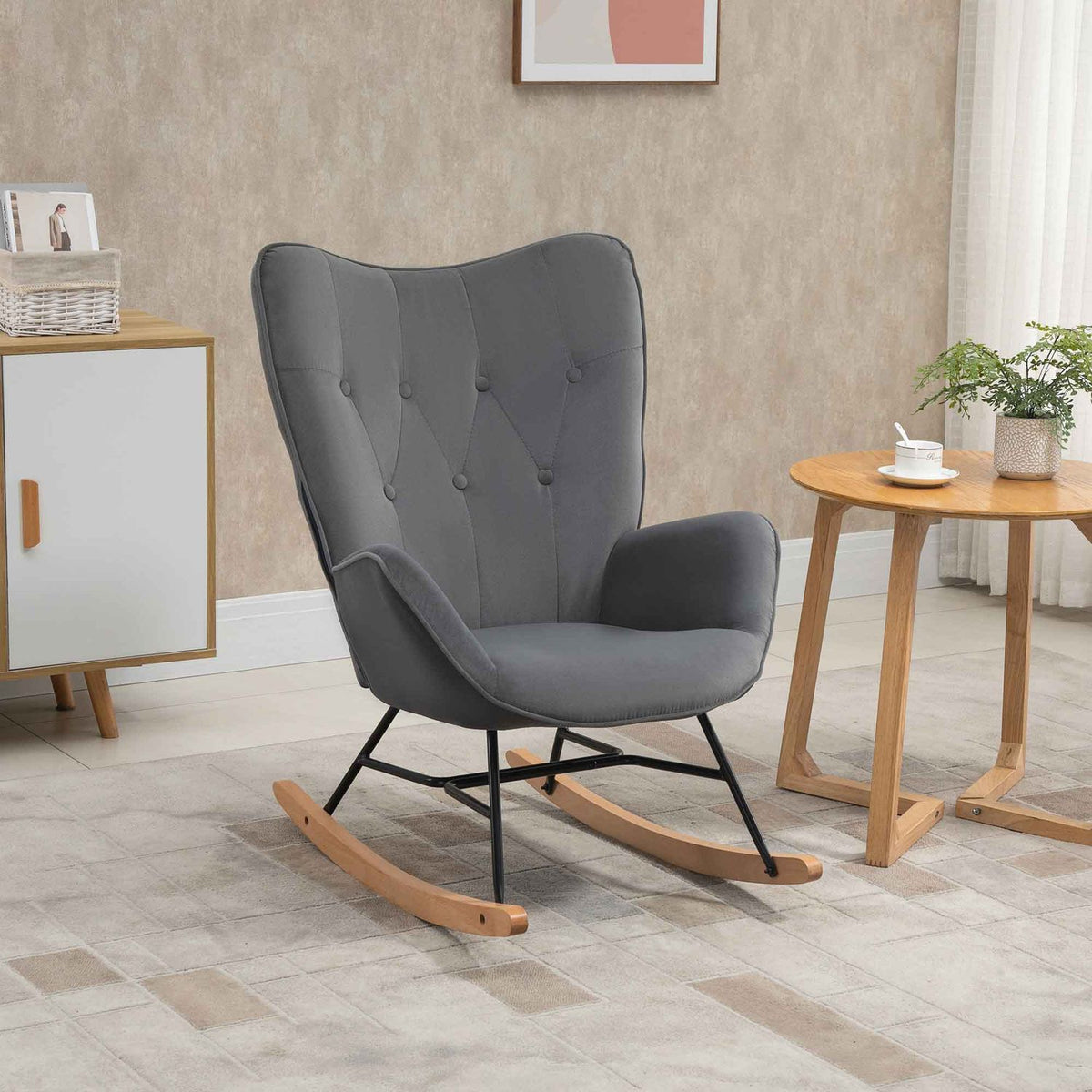 Rocking Chair With Steel Frame Upholstered Relaxation Chair Armchair Chair Living Room Chair Lounge With Padded Seat Velvet-Like Polyester