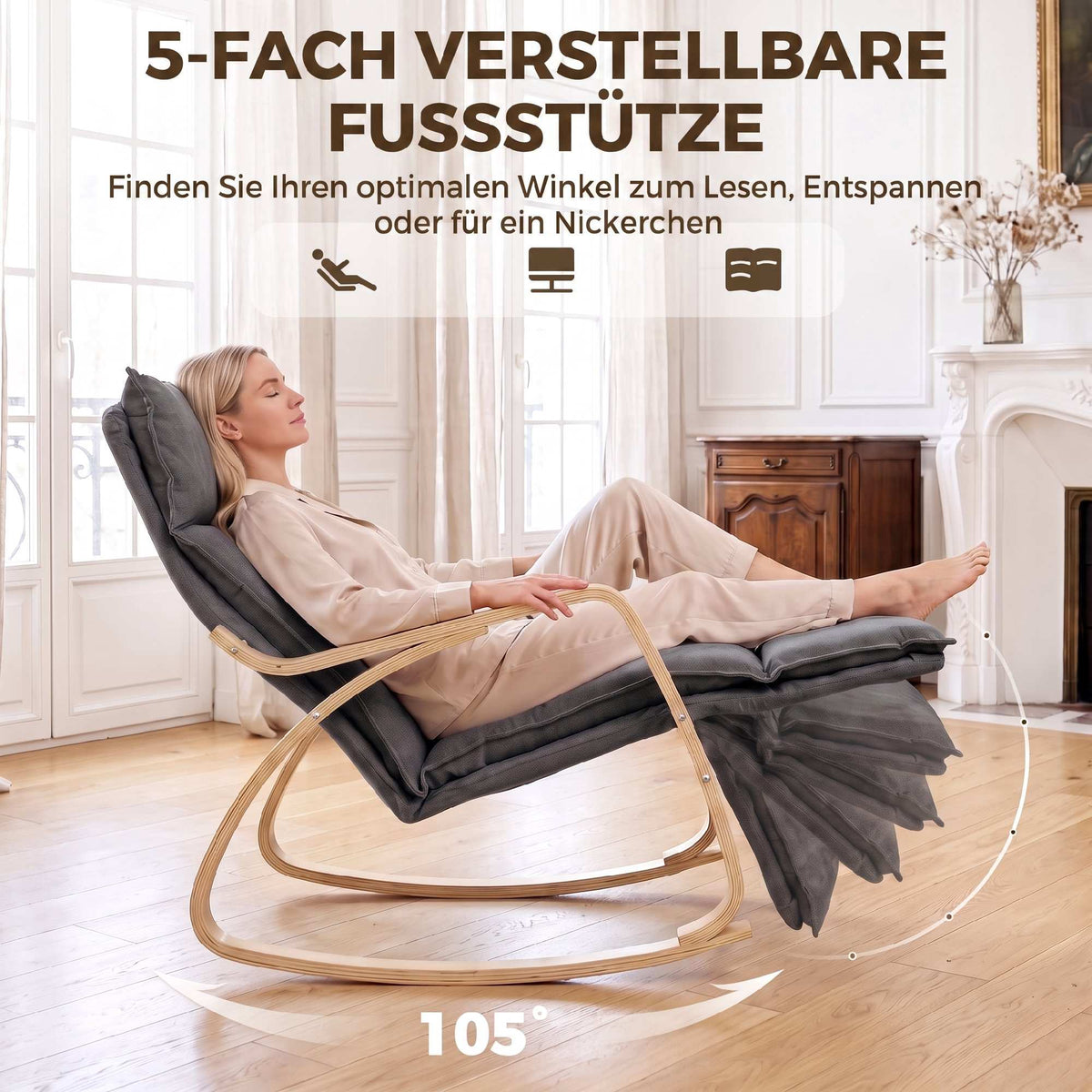 Rocking Chair with Adjustable Footrest, Dark Grey Linen-Look