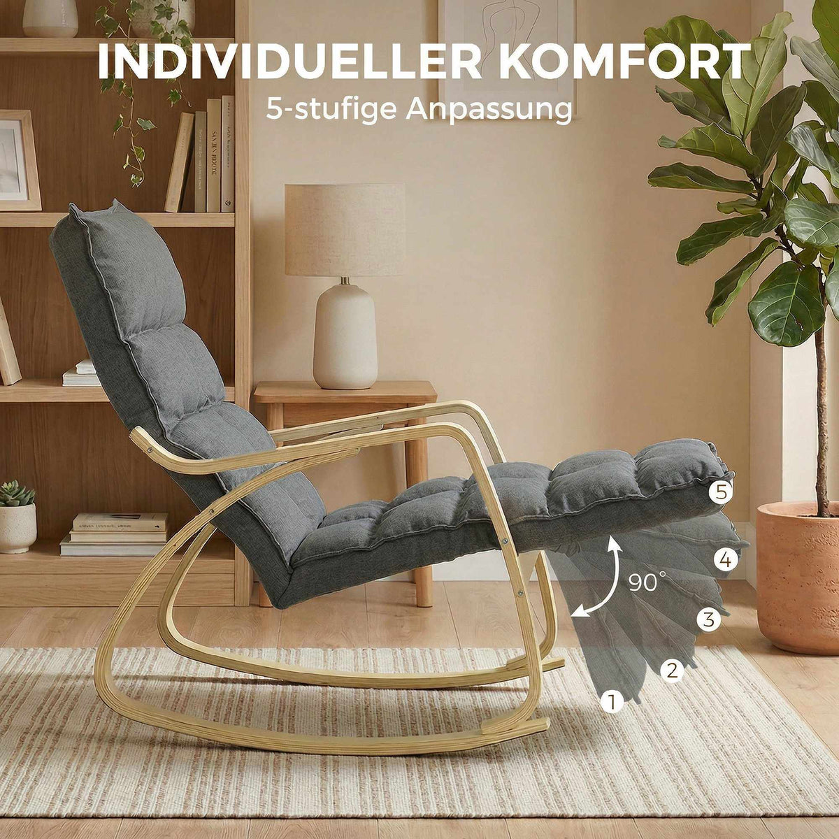 Rocking Chair with Adjustable Footrest, Padded, Grey