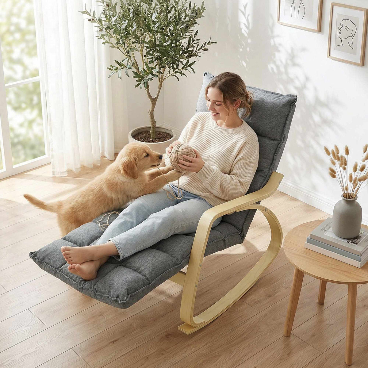 Rocking Chair with Adjustable Footrest, Padded, Grey