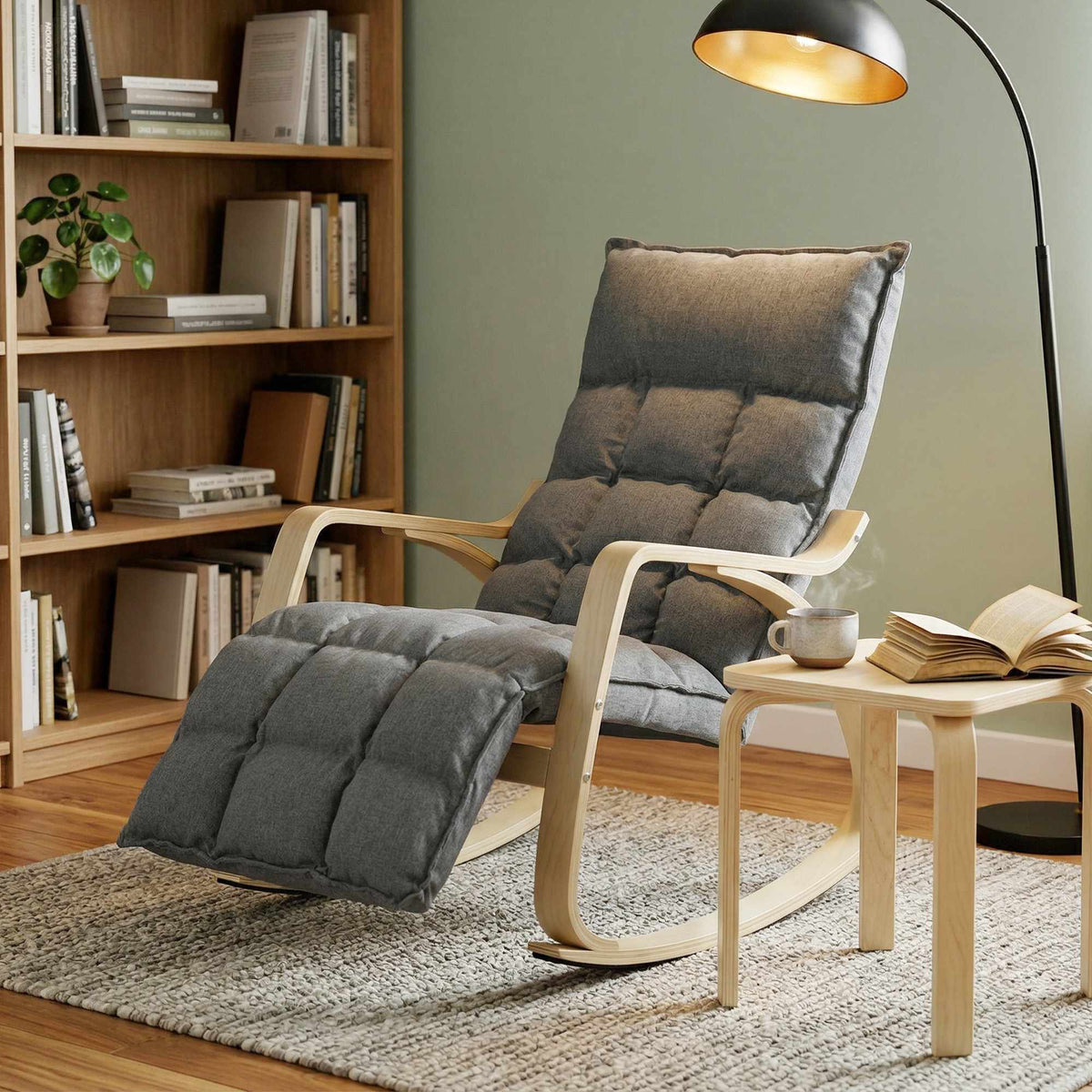 Rocking Chair with Adjustable Footrest, Padded, Grey