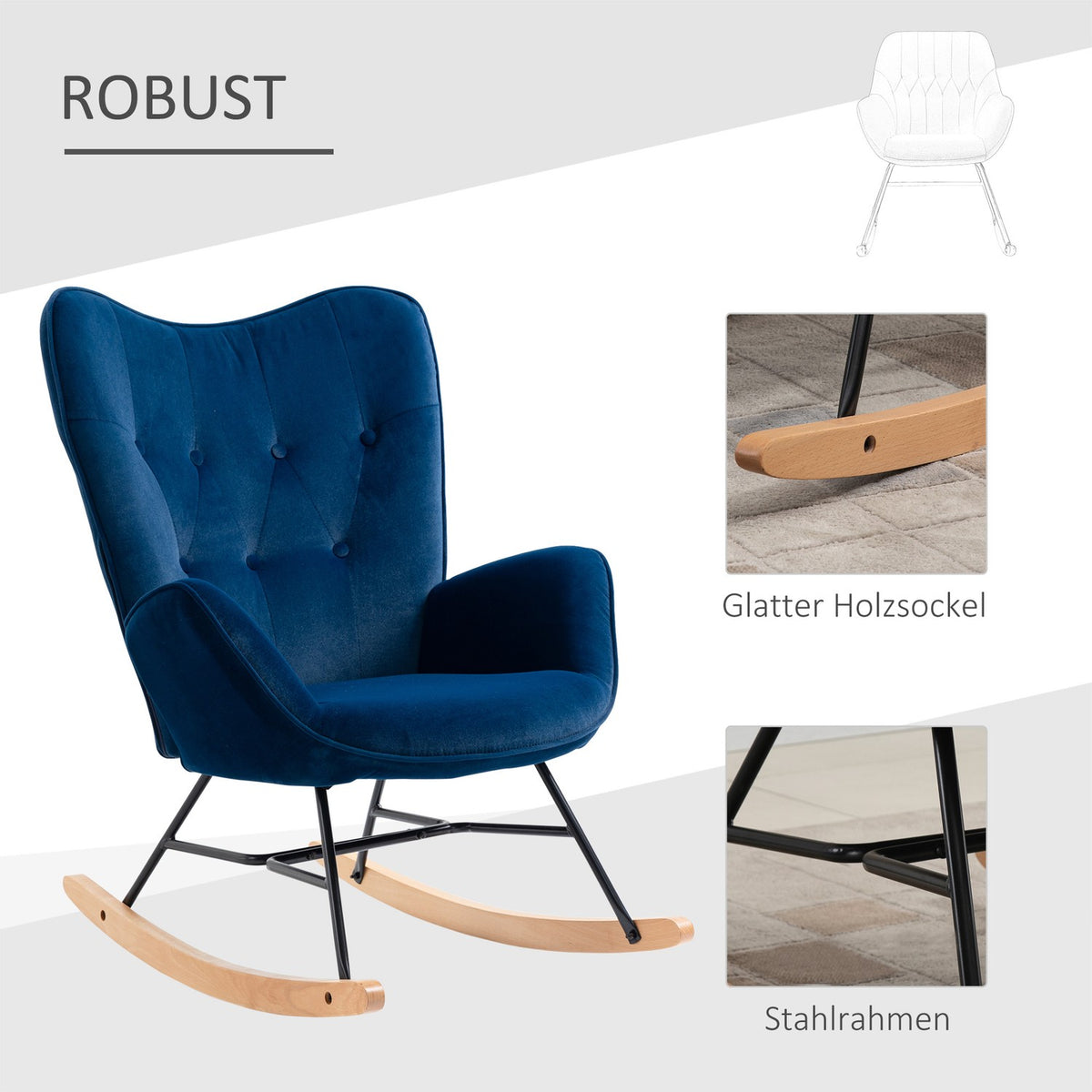 Rocking Chair with Ears Rocking Chair Great Comfort Armrests Seat Backrest Padded with High Density Velvet Fabric Blue