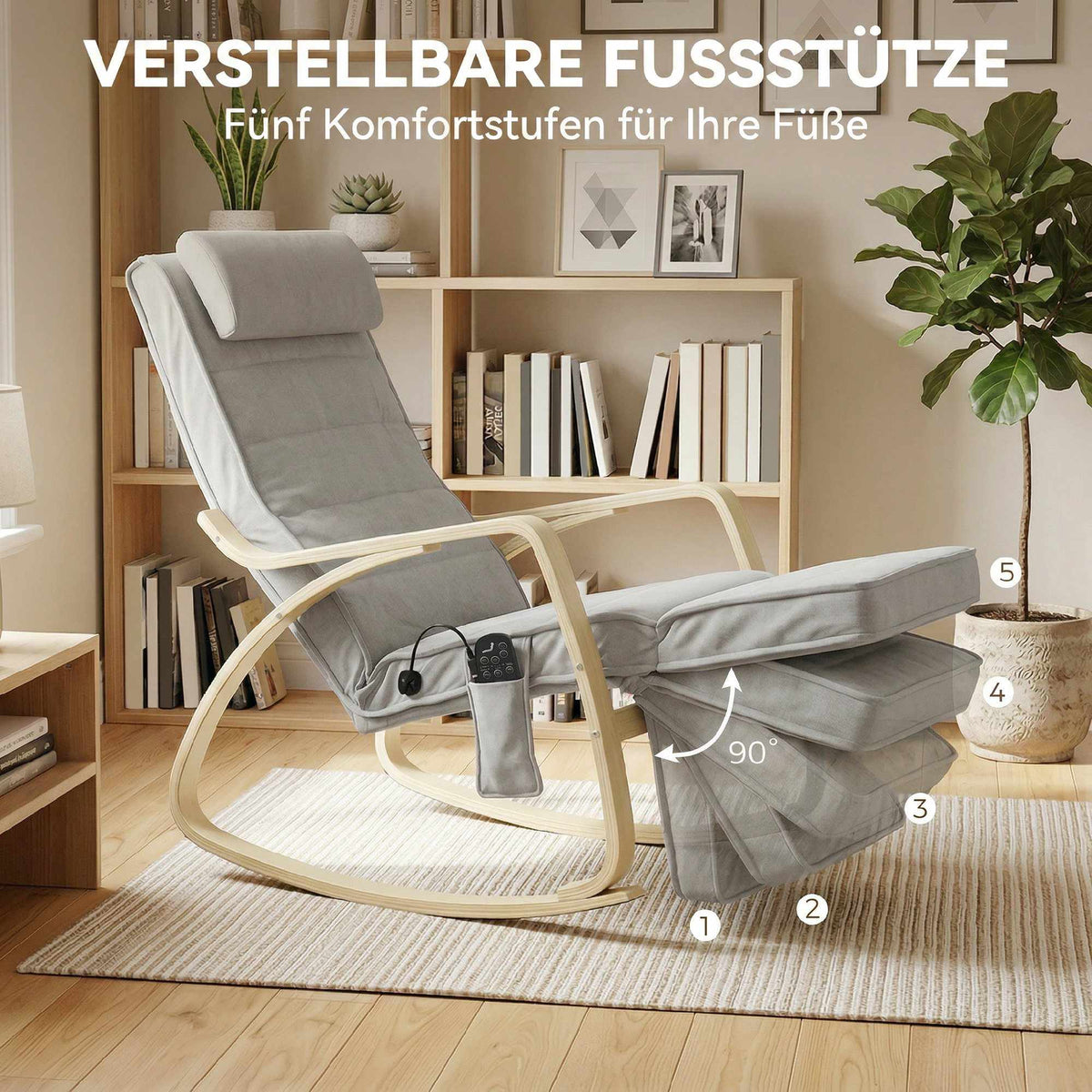 Rocking Chair with Massage, Heat, Headrest & Footrest, Velvet, Light Grey