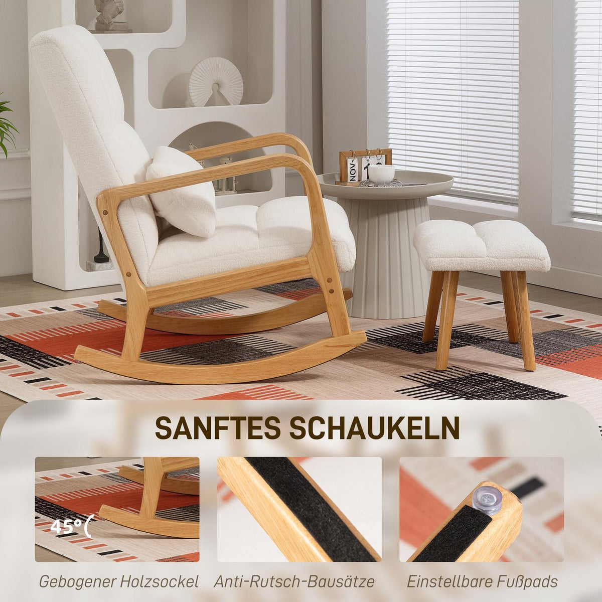 Rocking Chair with Ottoman, Fleece Cover, High Back, Wood Legs