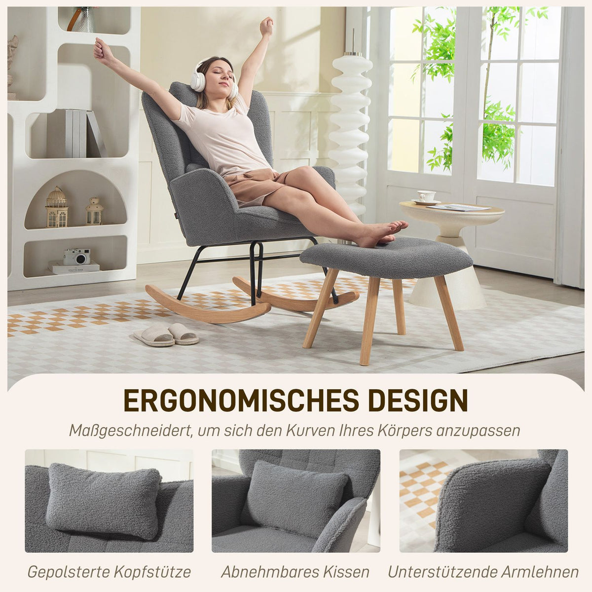 Rocking Chair with Ottoman, Fleece Cover, Wood Legs, Dark Gray